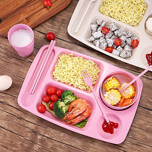 WUWEOT 8 Pack Divided Food Plates – 13.5" Wheat Straw Tray with 5 Compartments, Unbreakable & Dishwasher Safe