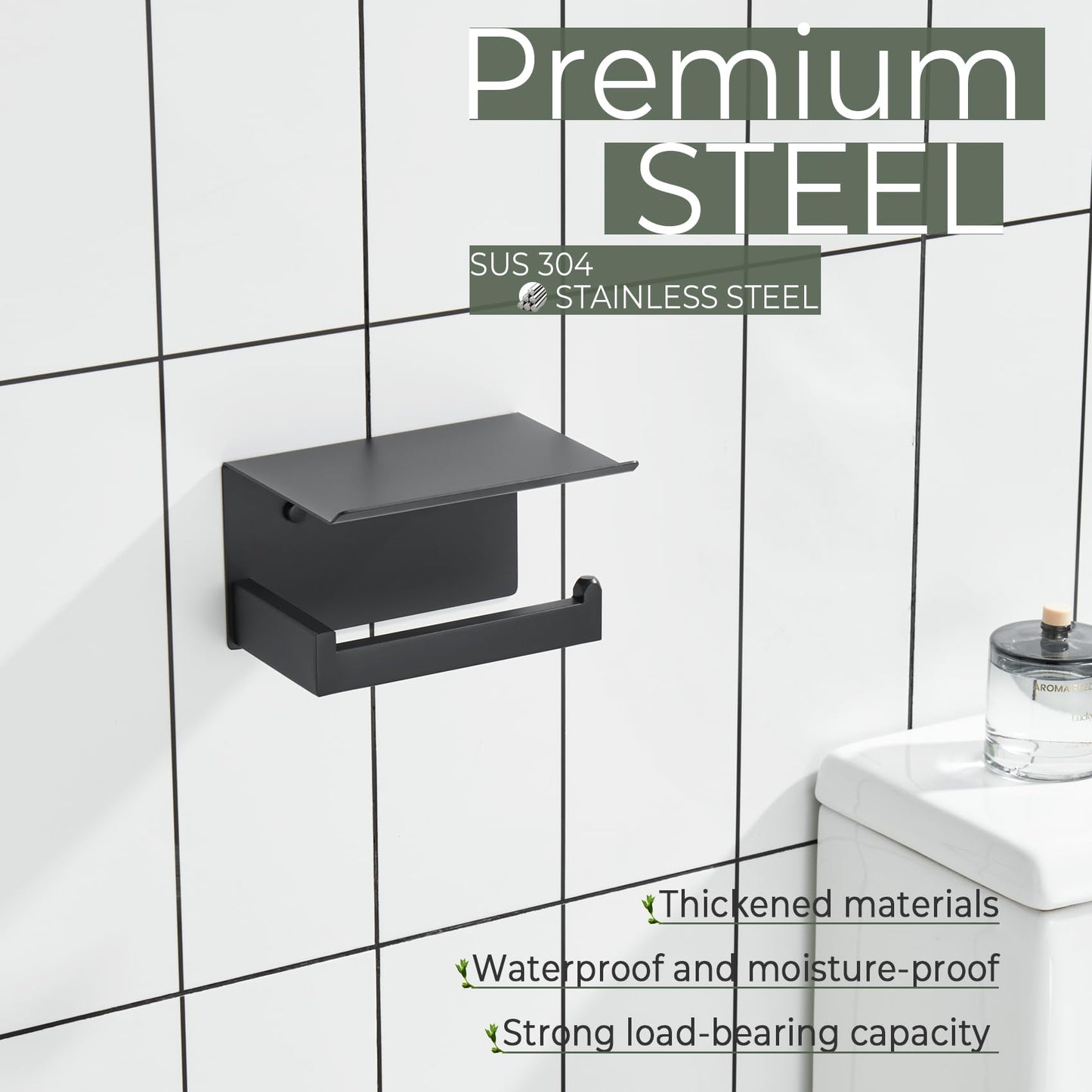 KOKOSIRI Black Toilet Paper Holders with Shelf Bathroom Toilet Paper Roll Holder SUS304 Stainless Steel Wall Mounted, Matte Black, B2010BK