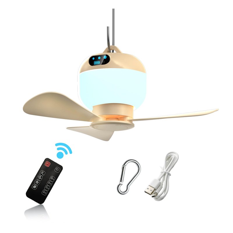 Negxi Camping Fan with Light & Remote, Portable Ceiling Fan for Tents, Canopy, Beach, RV, Car, Camper & Outdoor, Wireless Rechargeable Hanging Pop up Tent Fan - 3 Speed Breeze & Timer, 10.63 Inch