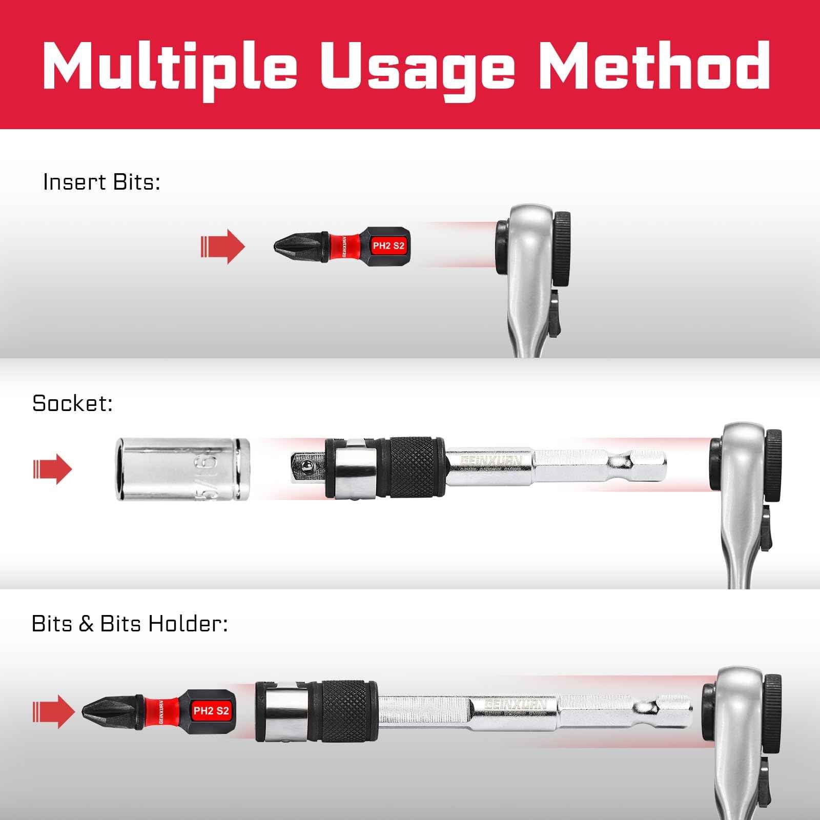 Geinxurn 42Pieces Impact Screwdriver Bit & Socket Set with Mini Ratcheting Wrench, 30Pcs Impact S2 Screwdriver Bits Set, 5Pcs SAE & Metric Sockets and 2-In-1 Bit Extension Holder Repair Tools