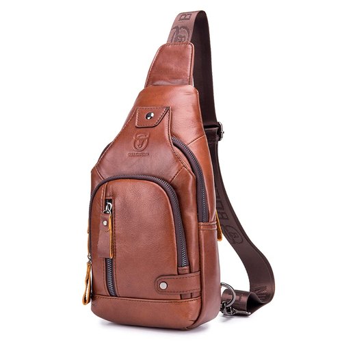 KPYWZER Genuine Leather Sling Backpack with USB Charging Port Chest Bag Outdoor Hiking Travel Daypack Brown