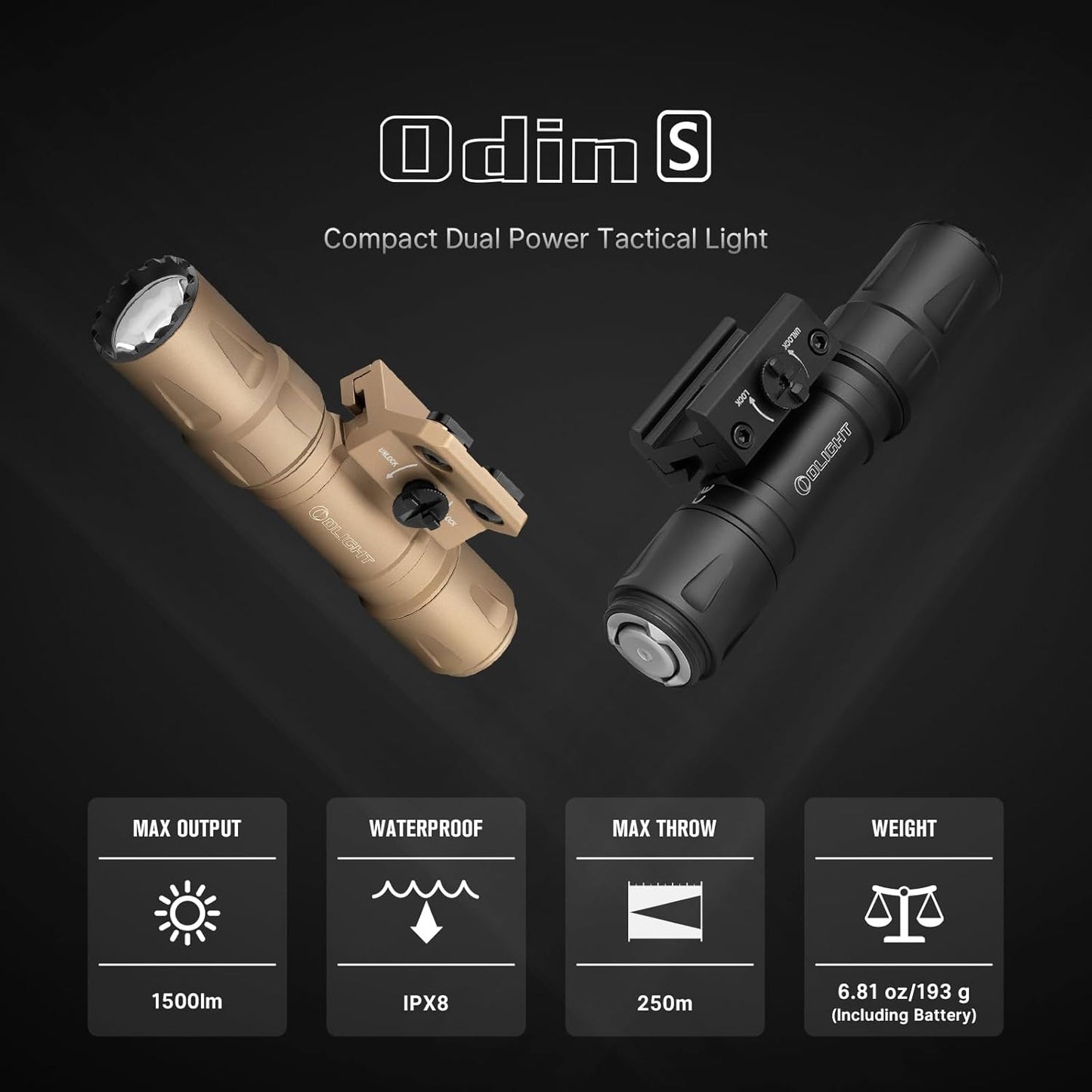 OLIGHT Odin S Tactical Flashlight - 1500 Lumens, Rechargeable, IPX8 Waterproof | MLOK Rail Mounted, 250m Throw (Black)