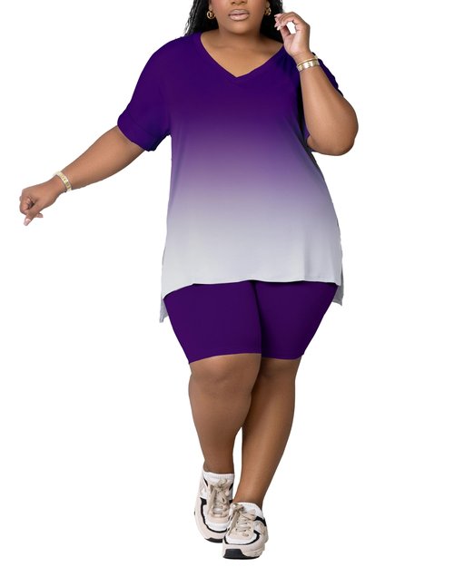 PINSV Women's Plus Size 2 Piece Outfits Sweatsuits Tracksuit Loungewear Short Sets Purple Gradient 3XL
