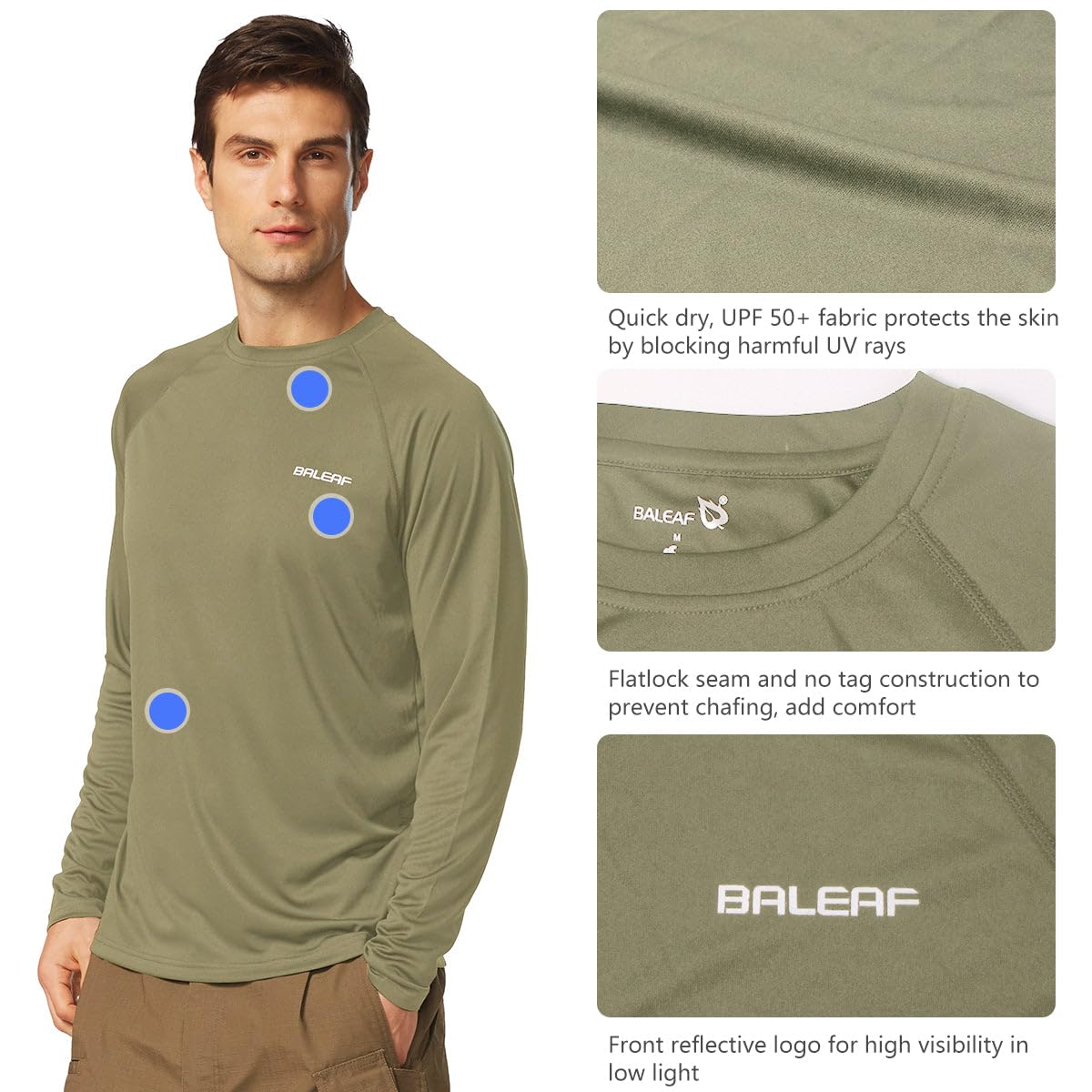 baleaf Mens UPF 50+ Sun Protection Shirts Long Sleeve Rash Guard, Quick Dry 4-Way Stretch for Fishing Swimming Surfing 01-Slate Green 3XL