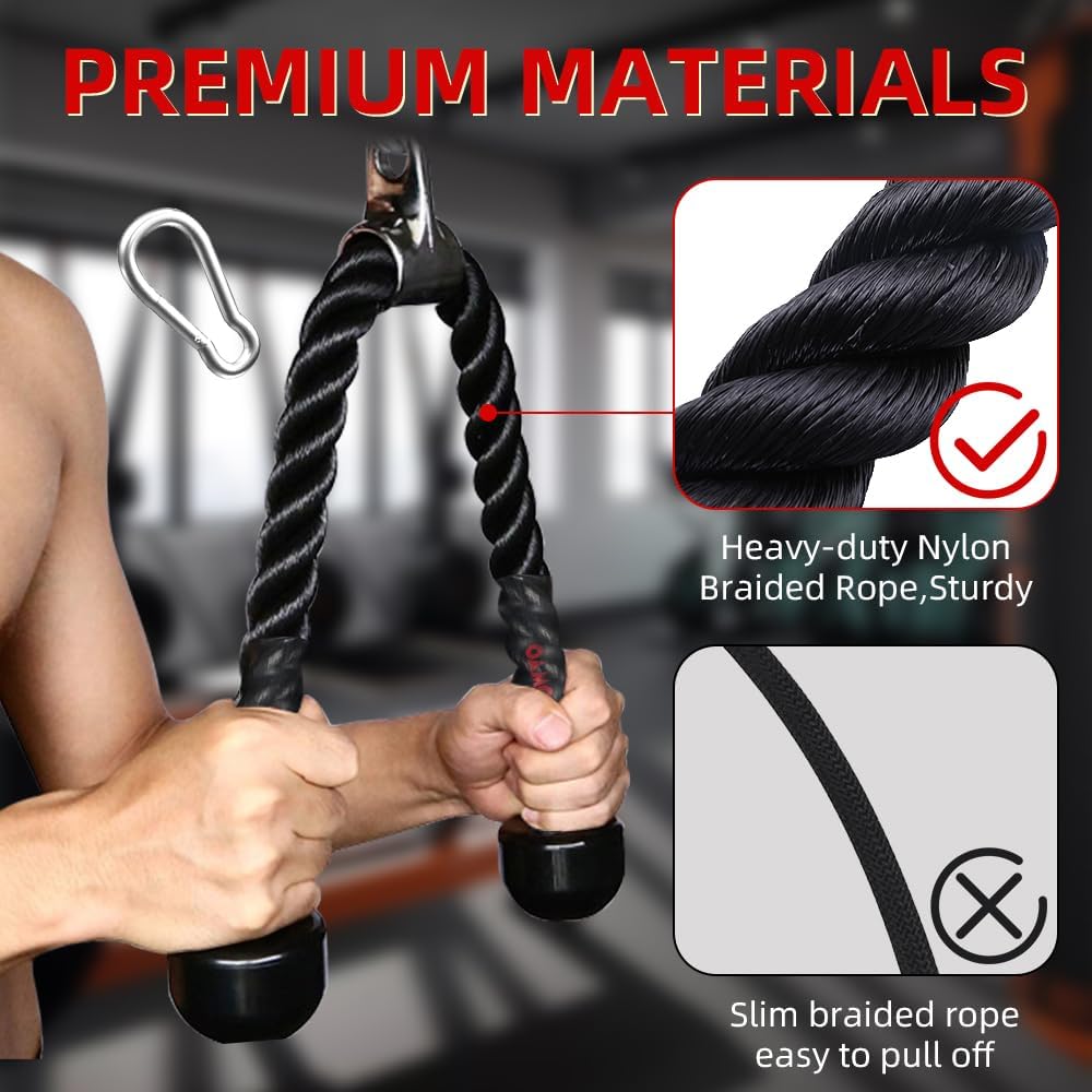 Tricep Rope - 35 Inch Cable Machine Attachment with Upgraded Rubber Handles | Non-Slip Grip for Greater Range of Motion