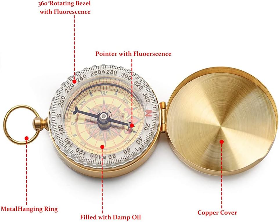 Skiennix Camping Survival Compass - Glow in The Dark Waterproof Vintage Metal | Small Golden Pocket Compass for Kids