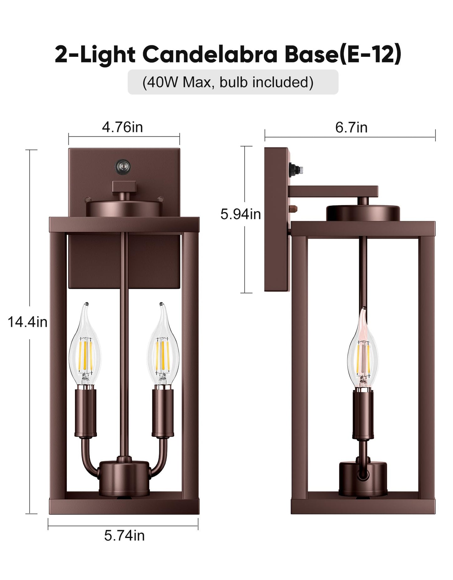 PARTPHONER Dusk to Dawn Outdoor Wall Sconce 2-Light, Transitional Wall Lantern Tall Wall Lamp, Waterproof Exterior Lighting Fixture with E12 Base Outside Lights for House Porch Garage, Bronze 2 Pack