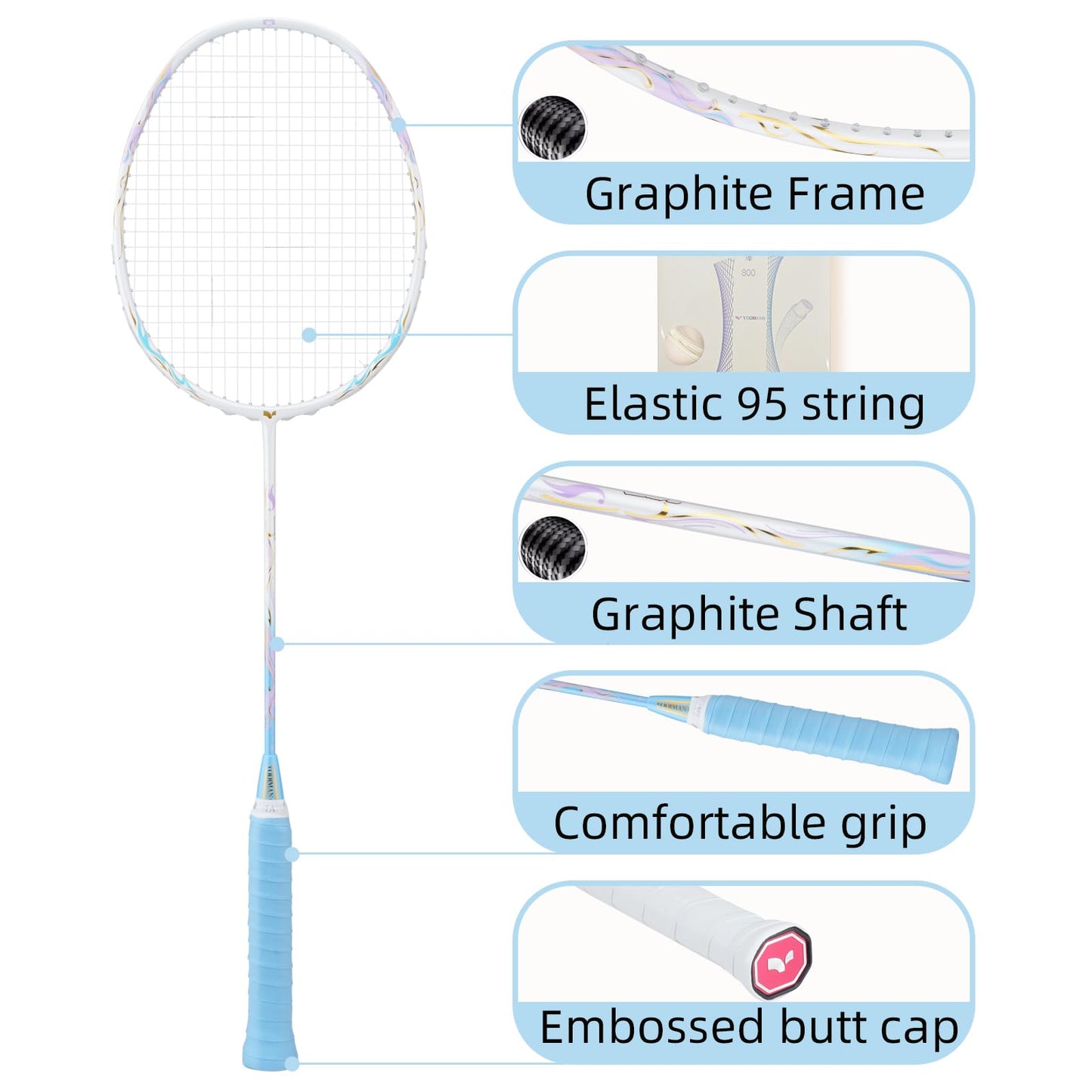 YODIMAN Single Professional Badminton Racket for Advanced Players - 50T Graphite Carbon Fiber with Aerodynamic Frame, Pre-Strung 26lbs, Ultra-Light 5U for Club & Tournament