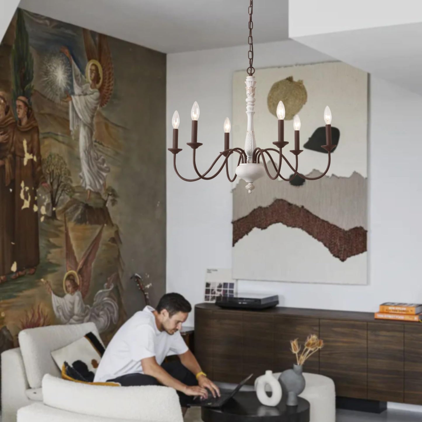 French Country Chandelier,6-Light Farmhouse Chandelier Vintage Candle Dining Room Lighting Fixture Brown White Antique Industrial Chandeliers for Living Room Kitchen Island Foyer Bedroom Lighting