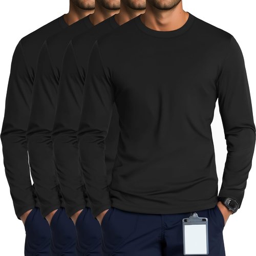 August Alley Men's Long Sleeve Underscrub Shirts - Stretchy Crewneck Work Tops | 4 Pack