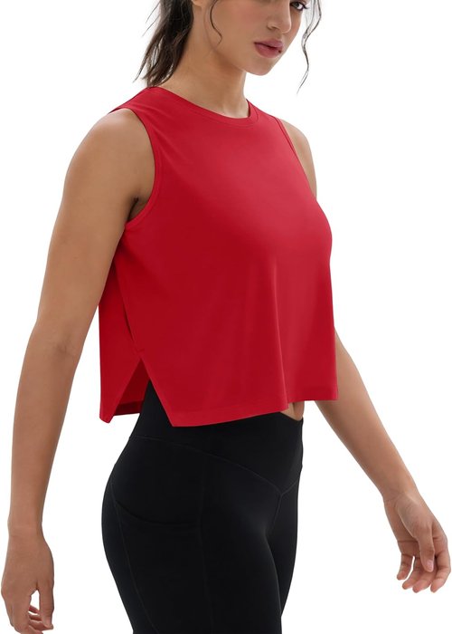 MAGCOMSEN Women's Crop Workout Tank Top - Sleeveless Loose Fit Gym & Yoga Top with Side Slits