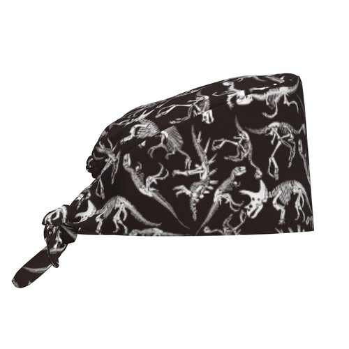 Halloween Dinosaur Dino Skeleton Bones Working Cap Scrub Cap with Sweatband Adjustable Unisex Women Tie Back Hat Nurse Surgical Caps