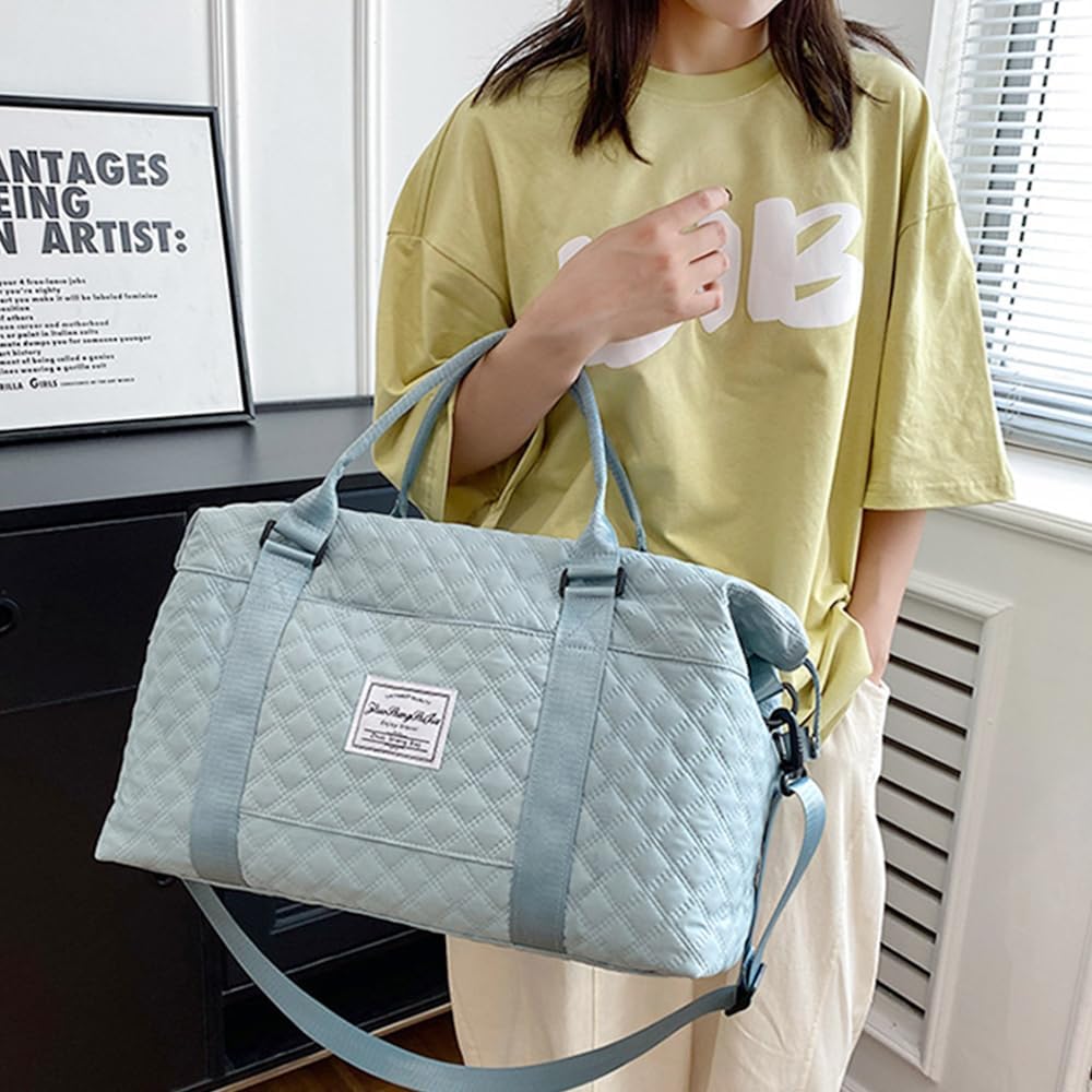 Skiennix Quilted Travel Bag - Stylish Overnight Gym Tote | Blue Weekend Duffel for Women