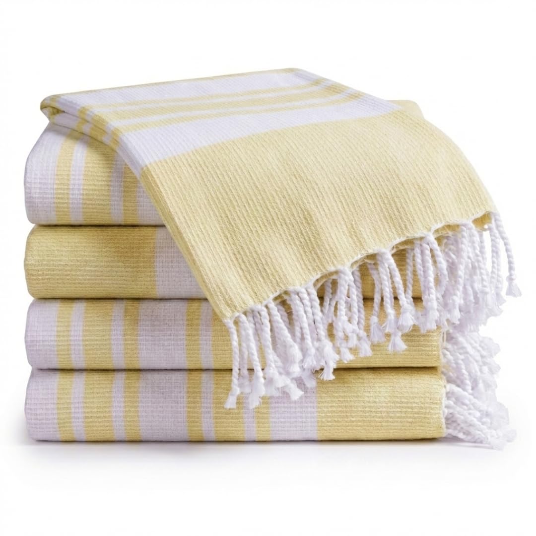 DineNest Turkish Beach Towels Set of 4 - Oversized Cotton Beach Towels 40X70 inch - Sand Free Quick Dry Beach Blanket for Adults - Extra Large Towels for Beach Bath Pool Yoga Travel - Yellow
