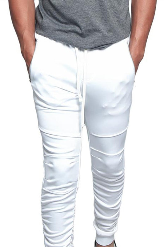 VS Sport Moto Style Sectioned Thigh Lettered Side Strip Zipper Pocket Scrunched Calf Drawstring Premium Track Pants TR548 - White - X-Large - V1E
