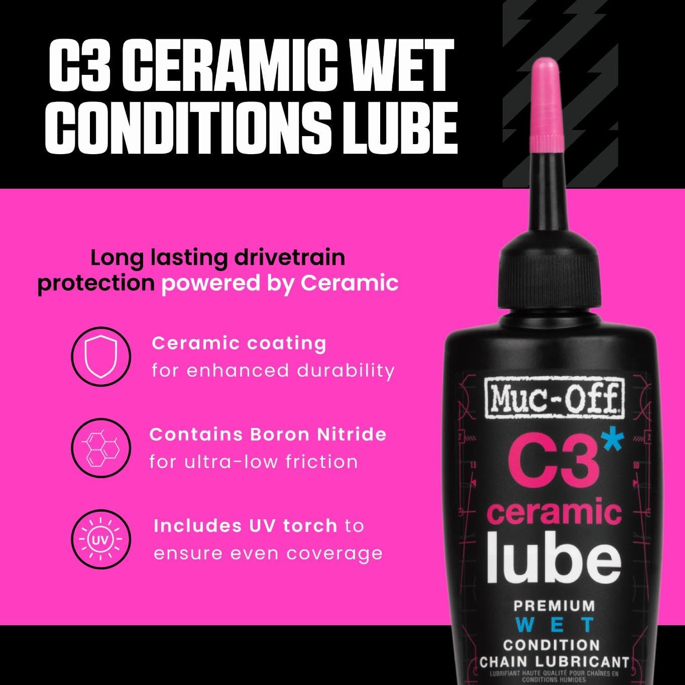 Muc-Off C3 Ceramic Wet Bike Chain Lube - Superior Protection for Smooth Performance | 120ml