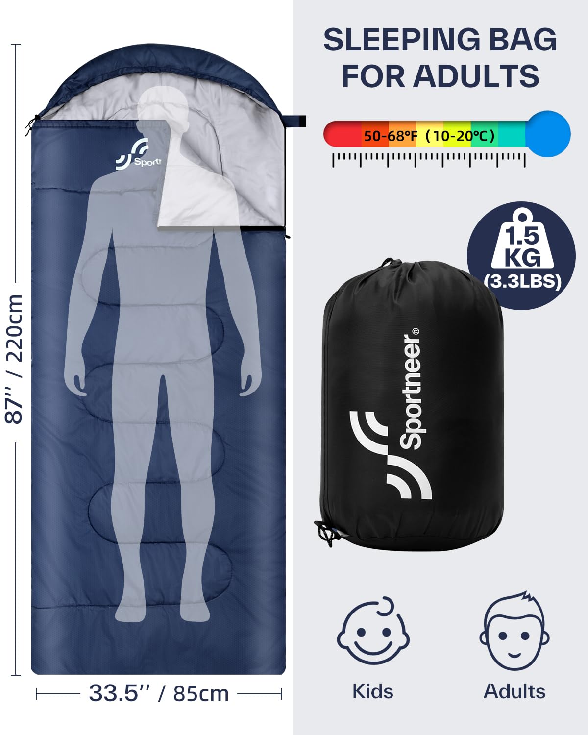 Sportneer Sleeping Bag for Adults & Kids, Cold Weather & Warm Waterproof Camping Sleeping Bag, Compact Portable for Camping Hiking & Travel