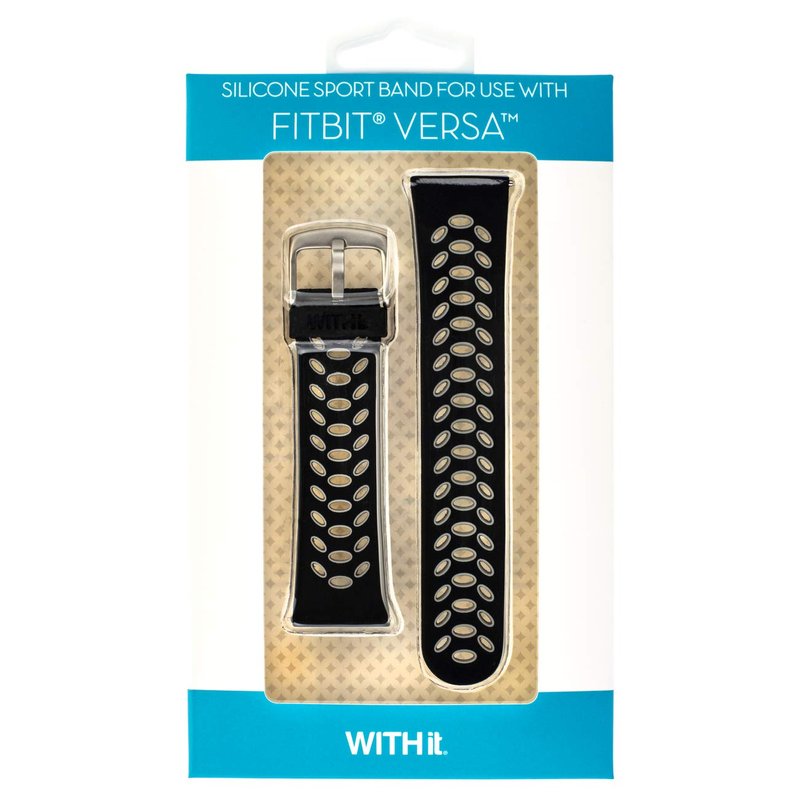 WITHit Designer Silicone Replacement Band for Fitbit Versa/Versa 2, Black/Gray Sport - Secure, Adjustable Stainless Steel Buckle Closure, Fitbit Watch Band Replacement, Fits Most Wrists
