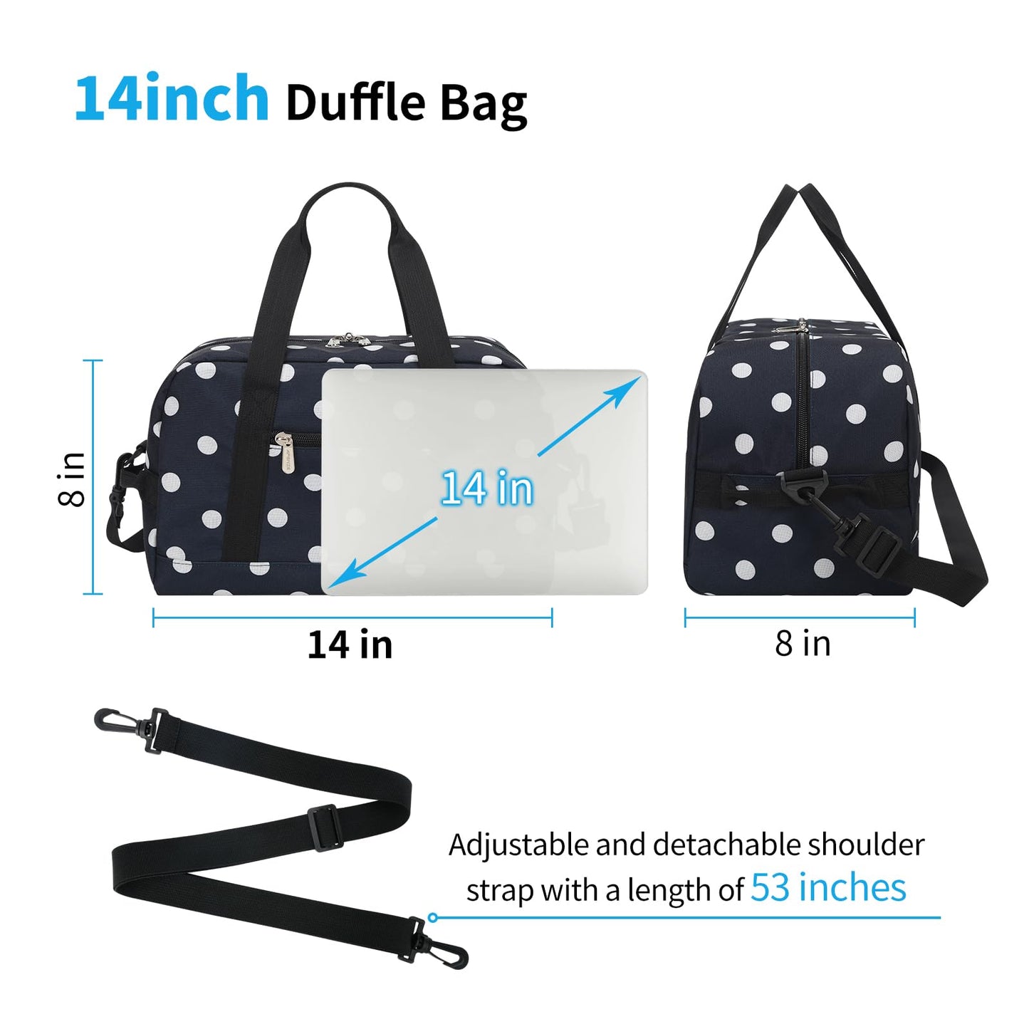 Apenze Small Gym Bag 14 inch lightweight Carry On Mini Duffel Bag for Travel Sport - Polka Dot Blue