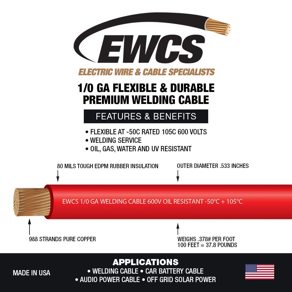 EWCS 1/0 Gauge Premium Extra Flexible Welding Cable 600 Volt - Red - 10 Feet - Made in The USA