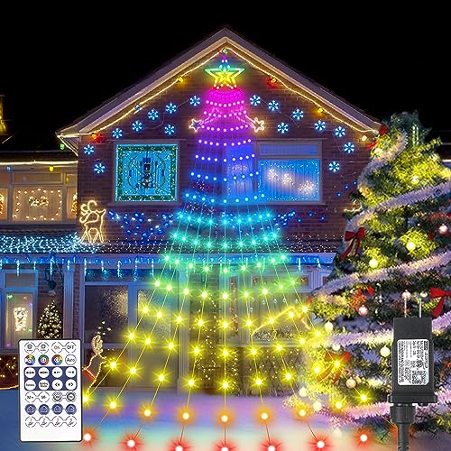 Smart Christmas Day Decorations Lights with Star Topper, 11.48ft 350 LED DIY Waterfall Tree Lights with Remote Timer Color Changing Light Music Sync APP Control for Wedding Holiday Party Decor
