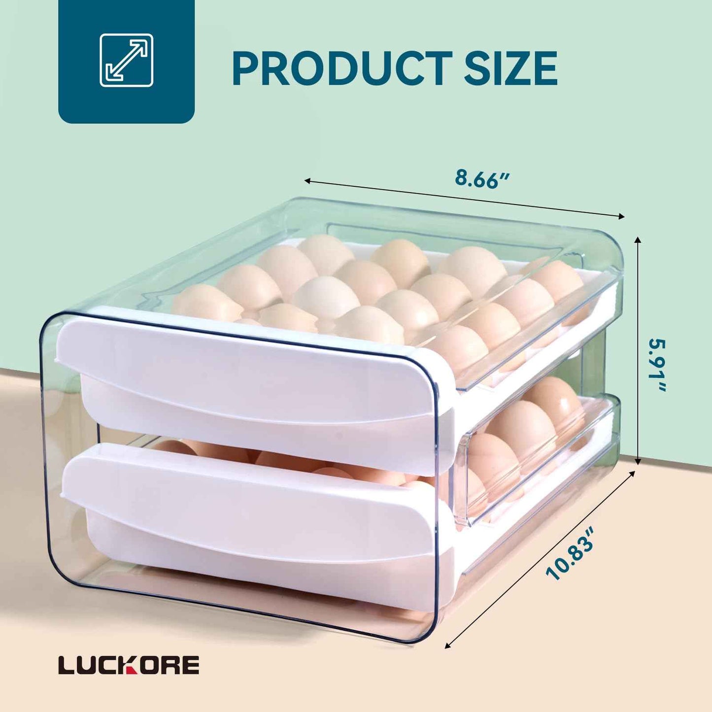 Luckore Egg Container Holders Dispenser for Refrigerator 40 Eggs, 2 Tier Clear Stackable Holder Tray with Drawer for Fridge, Storage Container with Handles for Refrigerator, Countertop