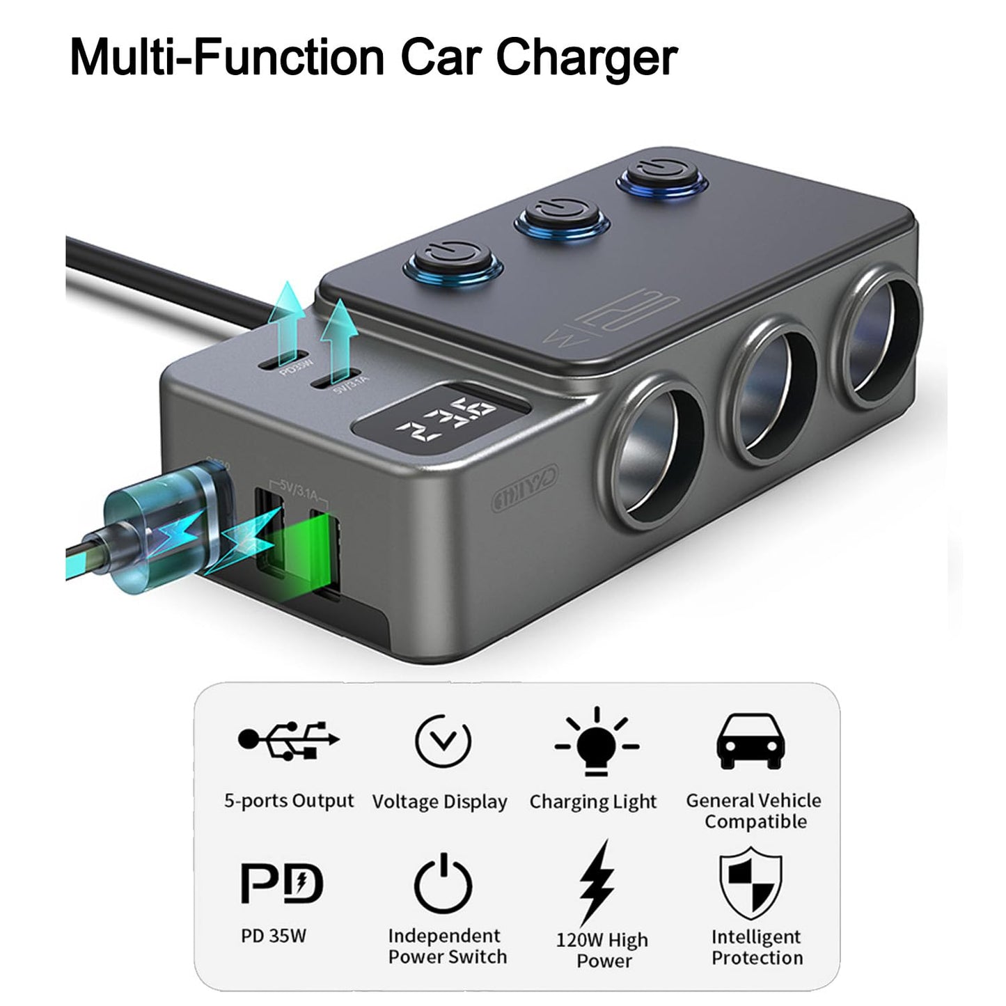 Cigarette Lighter Splitter, 8 in 1 Car Cigarette Lighter Adapter PD 35W Car Charger 3-Socket Heavy Duty Truck Multi Port USB C 12V/24V Independent Switches LED Display Super Fast Charger Car Devices