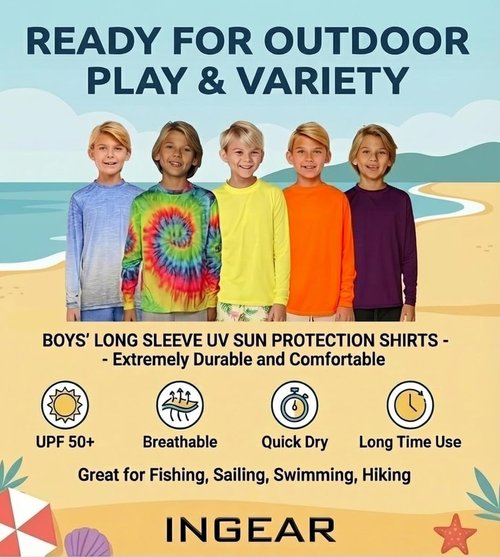 INGEAR Boys’ Rash Guard Swim Shirt - UPF 50+ Quick-Dry Sun Protection for Swimming & Surfing | XS–XL