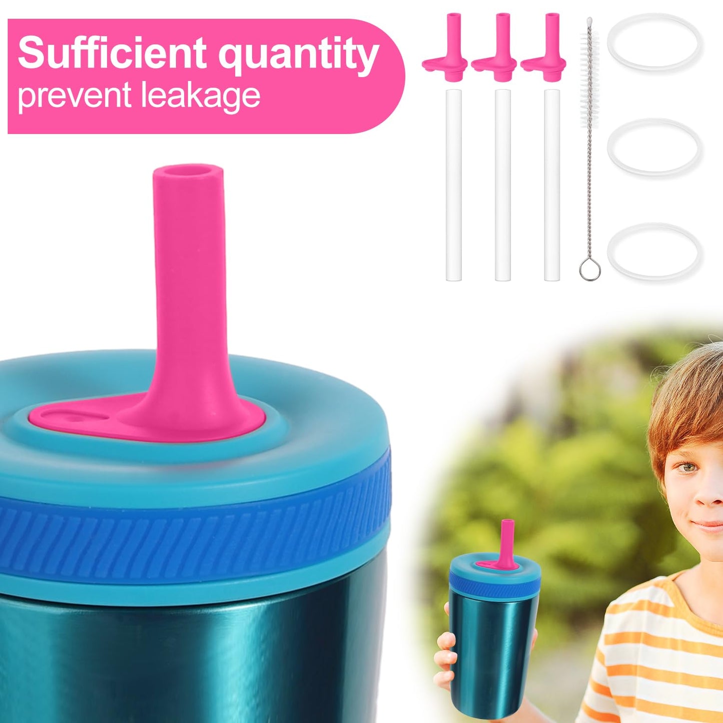 3pcs Replacement Straws with Bite Valve for Zak Designs Kelso Kids 15oz, BPA Free Reliable Straw Cup Accessories with Zak Designs and Reusable Gaskets Brush for Water Bottles (Pink)