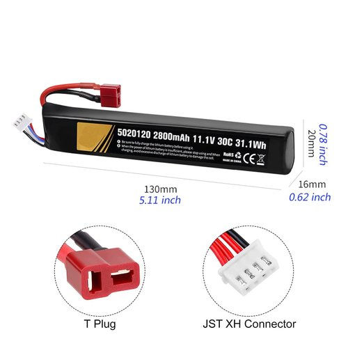 11.1V airsoft batteries 30C 2800mAh lipo battery airsoft T Plug with USB Charger T Plug to Mini Tamiya Cable Rechargeable Batteries for Airsoft gun Model splatrball gel blaster accessories-2pcs