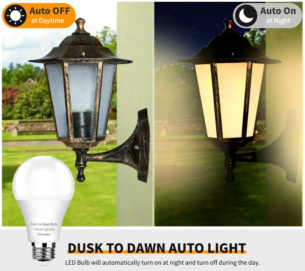 4 -Pack Dusk to Dawn Light Bulbs Outdoor,75 Watt Equivalent, Sensor 10W A19 LED Light Bulb,2700K Warm White 1100 Lumens, Auto on/Off Photocell Automatic for Outdoor Lighting