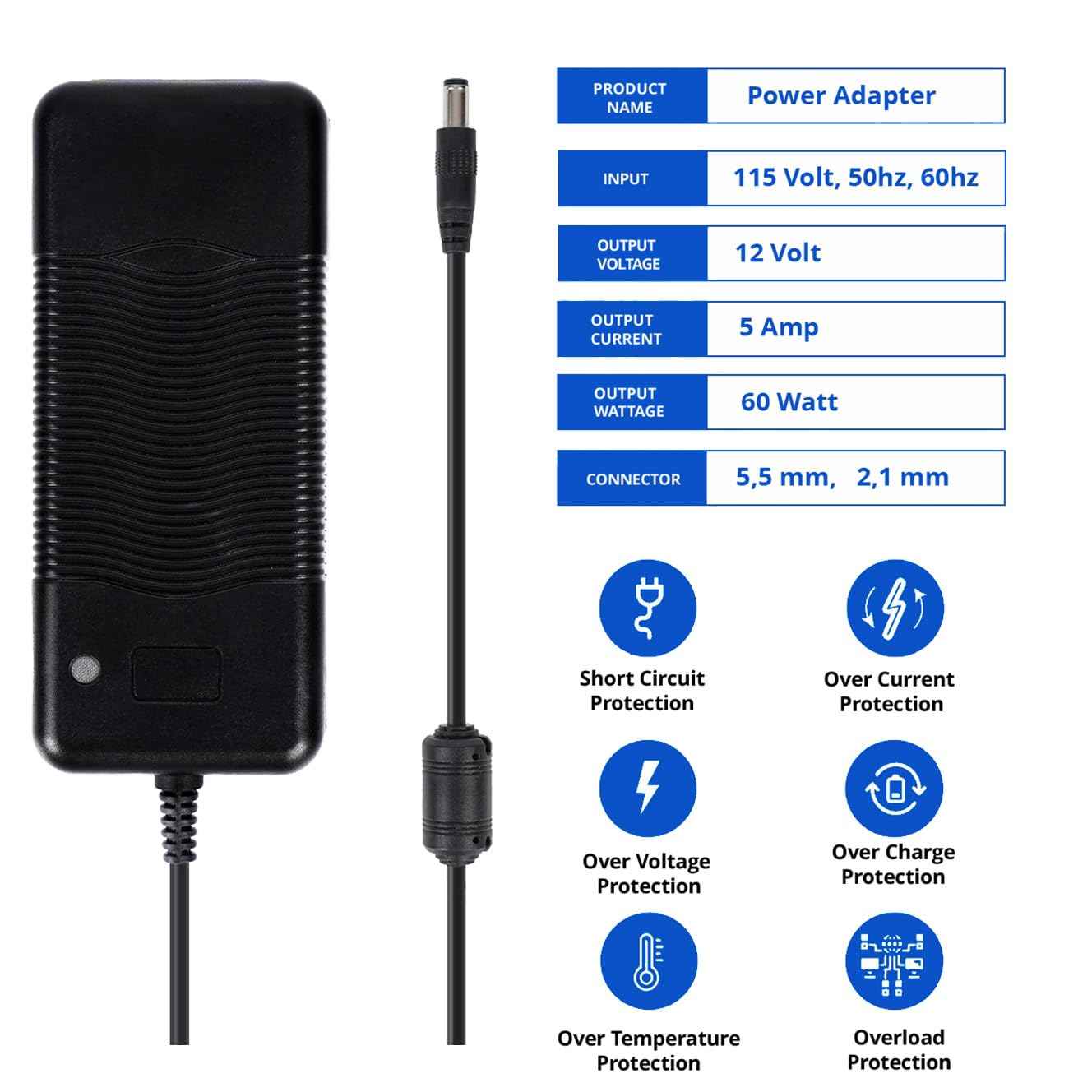 HappyBird Lighting Universal 5 Amp 12V Power Supply Adapter - AC 100-240V to 12V - 5.5 x 2.1mm Output Jack for LED Strips, CCTV Cameras, Light Bars