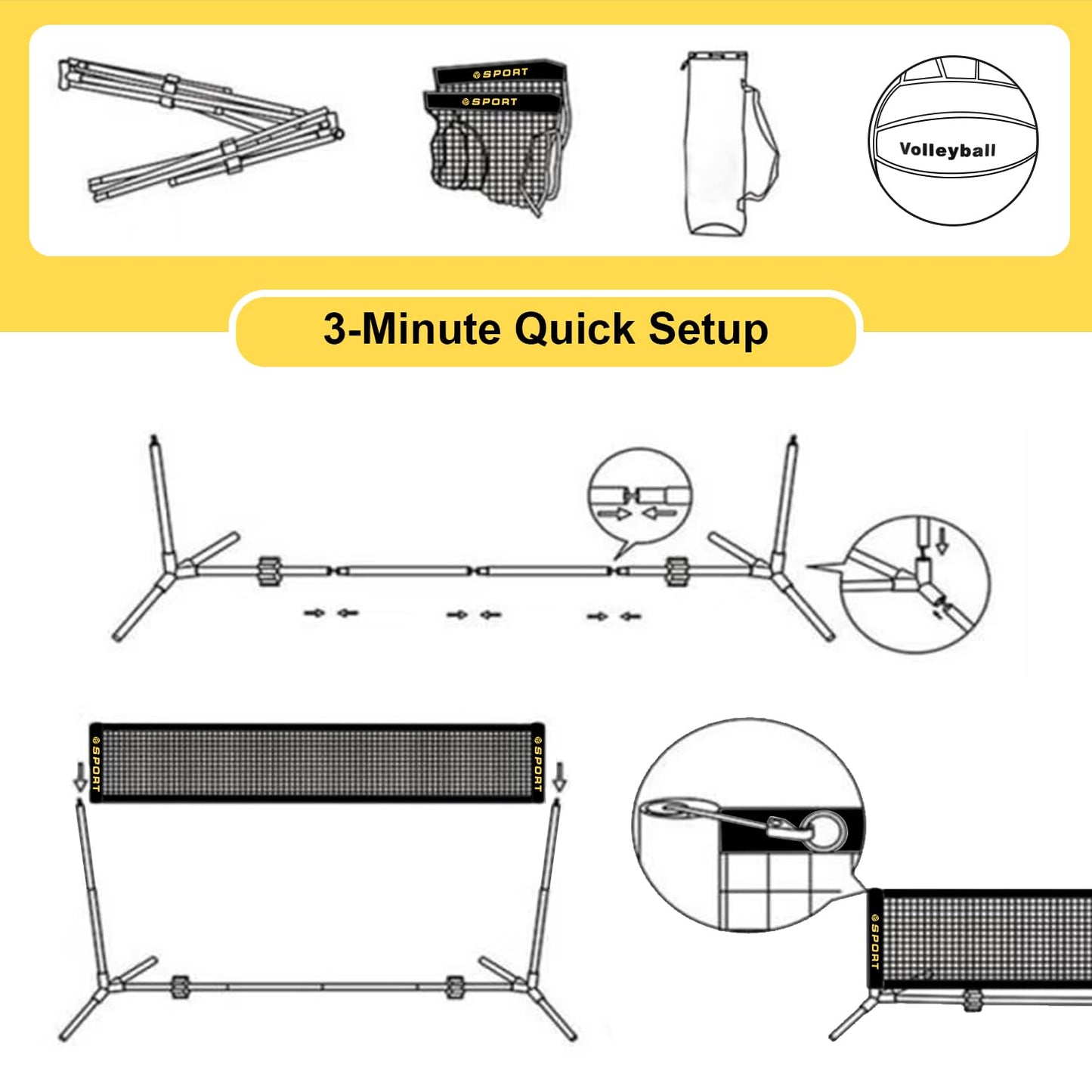 Furypiont 10 FT Mini Portable Tennis Net for Teenagers with Rubber Volleyball, with Pump and Carry Bag, Adjustable Height 2.7FT-5.1FT for Badminton Net, Volleyball Net,Soccer Net,Pickleball Net