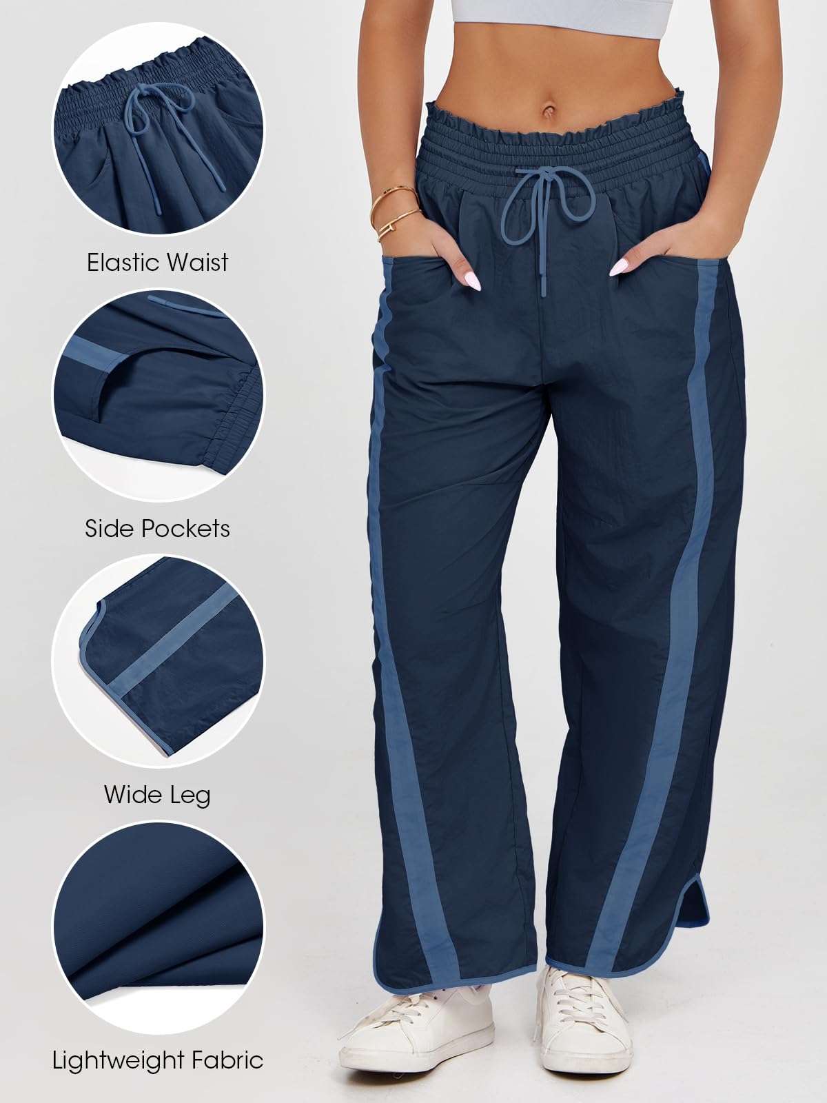 Fisoew Women's Baggy Wide Leg Pants Casual Drawstring Elastic Waisted Contrast Color Workout Y2K Track Pants Navy