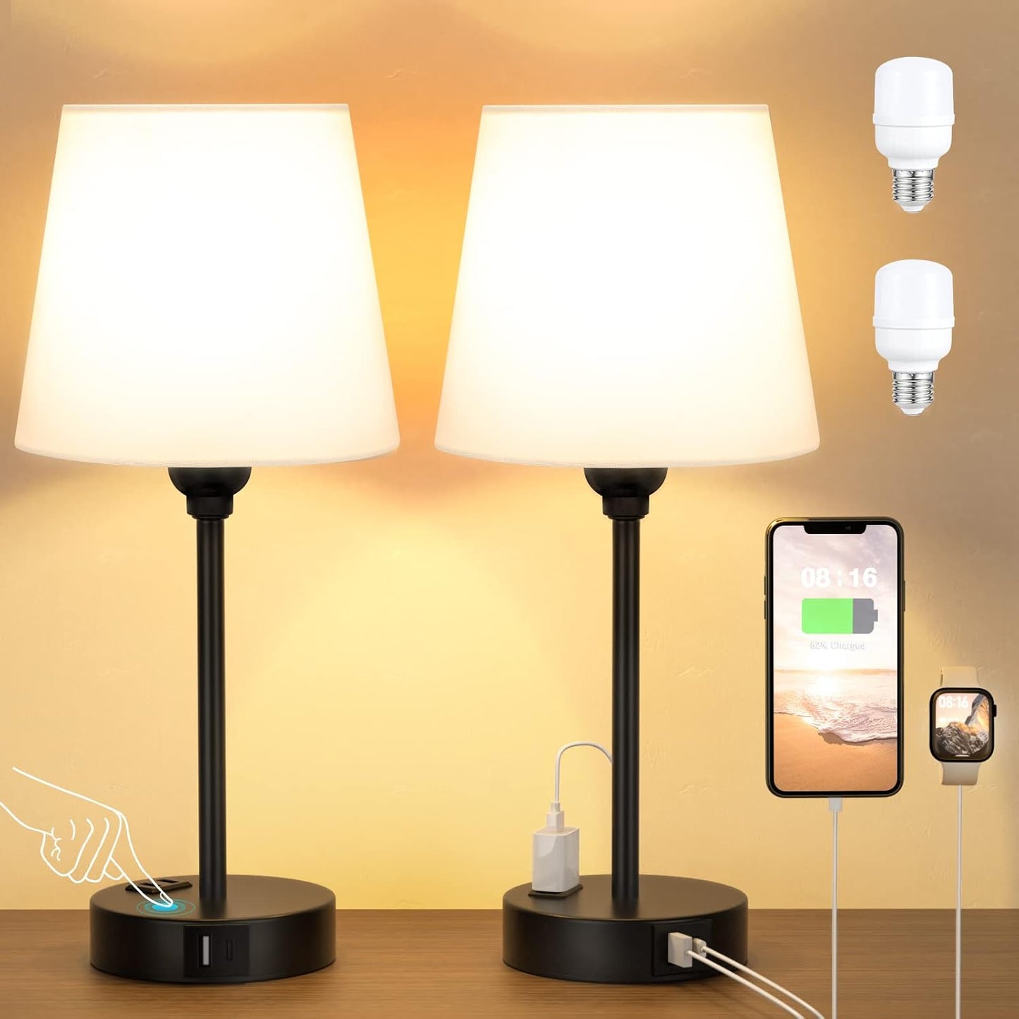 Set of 2 Mini Bedside Lamps with USB-C & AC Outlet - Dimmable Touch Nightstand Lights for Bedrooms