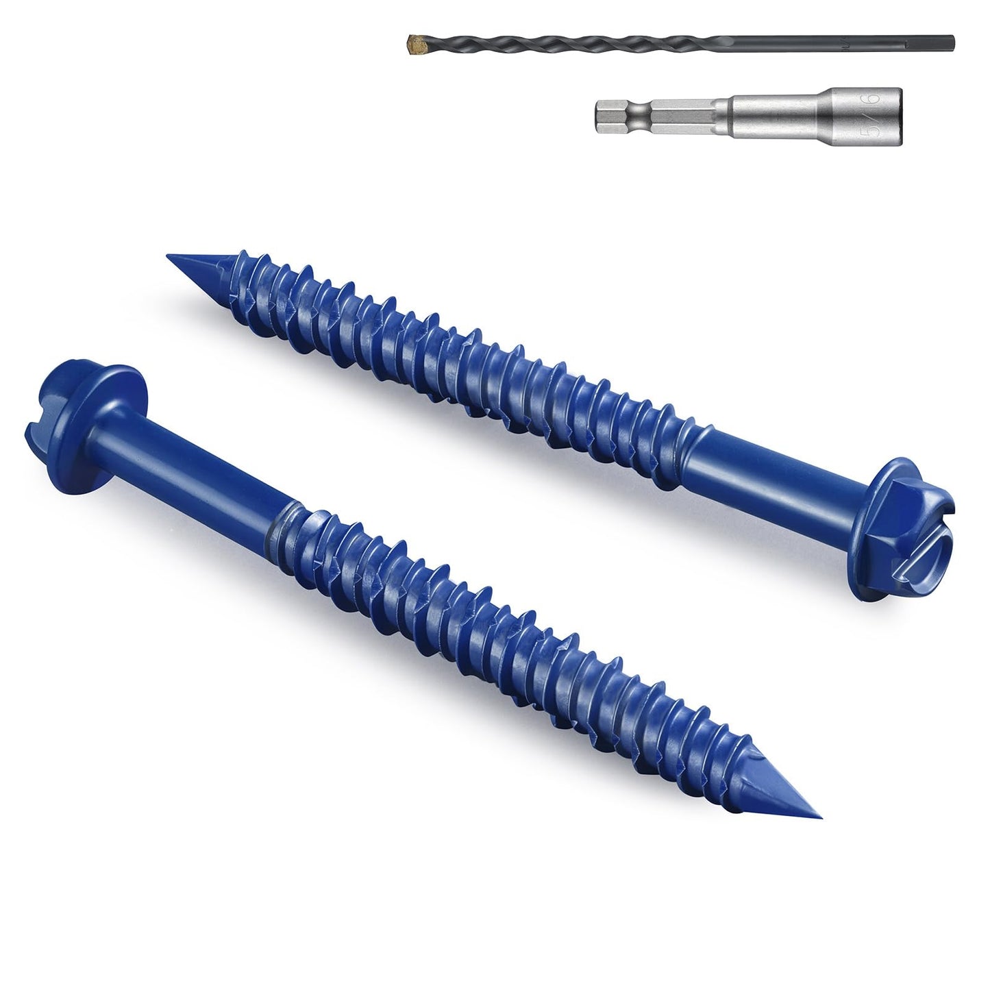 BNUOK 35Pcs 1/4 x 2-3/4 Inch Concrete Screws Anchor with Drill Bit, Blue Hex Head Masonry Brick Stucco Cement Block Screws, Diamond Point