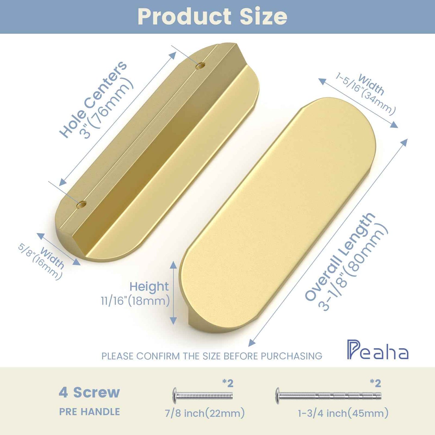 Peaha 10 Pack Gold Cabinet Pulls 3 inch Edge Pulls for Cabinets Desk Pull Gold Handle for Kitchen Cabinets 76mm Hole Centers
