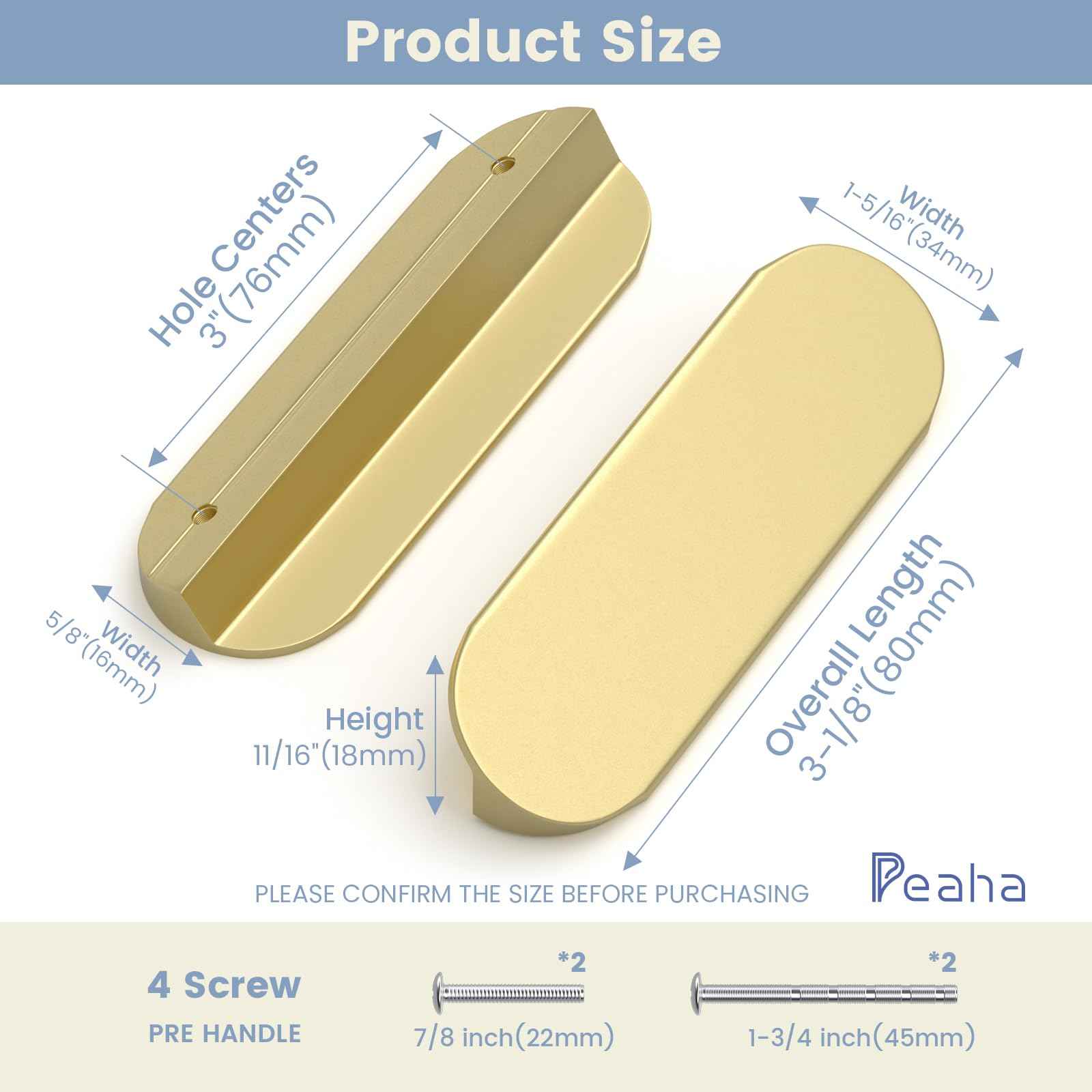 Peaha 10 Pack Gold Cabinet Pulls 3 inch Edge Pulls for Cabinets Desk Pull Gold Handle for Kitchen Cabinets 76mm Hole Centers