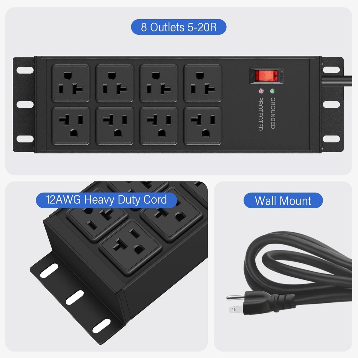 Heavy Duty 20 Amp Surge Protector Power Strip with 8 Outlets, 6FT Wall Mount - Yellow