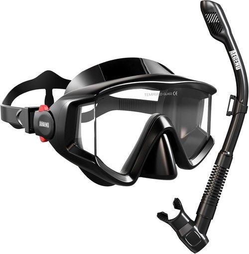 Aegend Snorkeling Gear Set - Anti-Fog Diving Mask with Dry Snorkel | Panoramic View & Mesh Bag for Adults