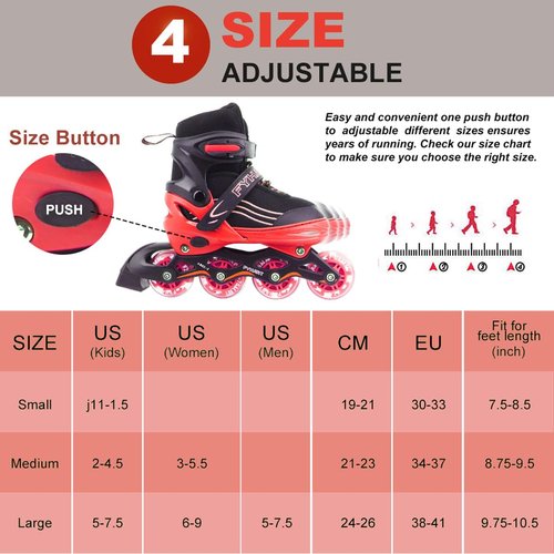 Kids Inline Skates for Girls Boys with All Wheels Illuminating, Adjuatable Mens and Womens Roller Skates Blades for Beginner in Outdoor and Indoor (Black&Red, Medium - Big Kids)