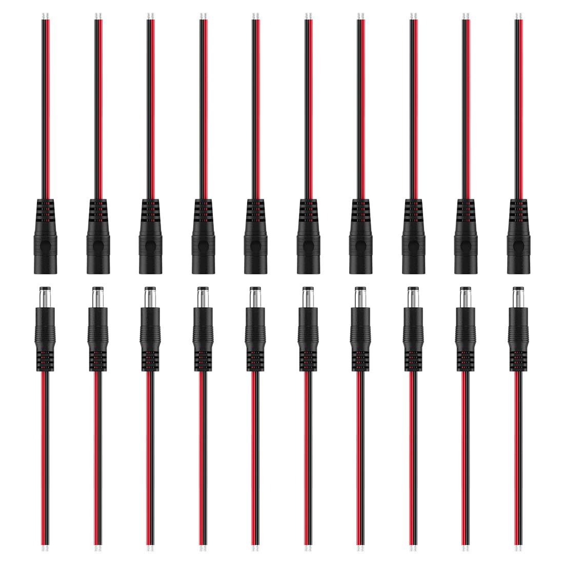 BTF-LIGHTING 10 Pairs 16cm 20AWG Barrel Plug Connector 5.5mm x 2.1mm Male/Female to Wire DC Power Pigtail Cable Connector Plug for 2PIN FCOB COB LED Strip Lights