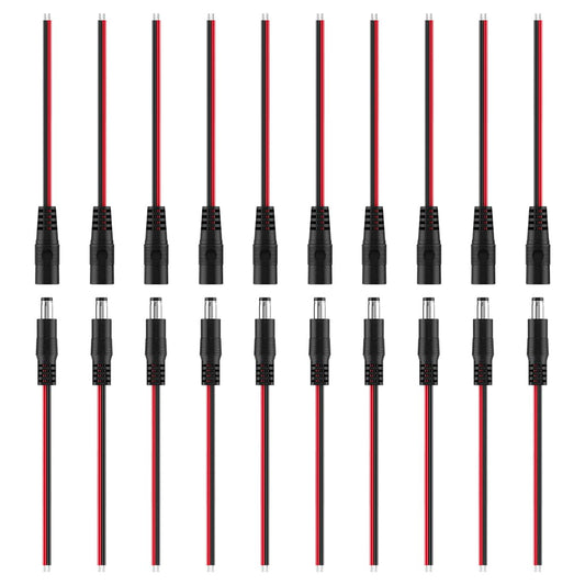 BTF-LIGHTING 10 Pairs 16cm 20AWG Barrel Plug Connector 5.5mm x 2.1mm Male/Female to Wire DC Power Pigtail Cable Connector Plug for 2PIN FCOB COB LED Strip Lights