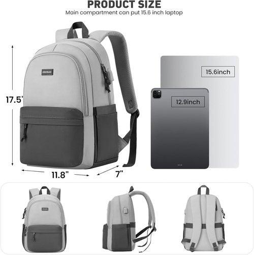 KROSIAS School Backpack - Stylish 15.6 Inch Laptop Bag for Teens | Cute & Spacious for College Travel (Dark Grey & Light Grey)