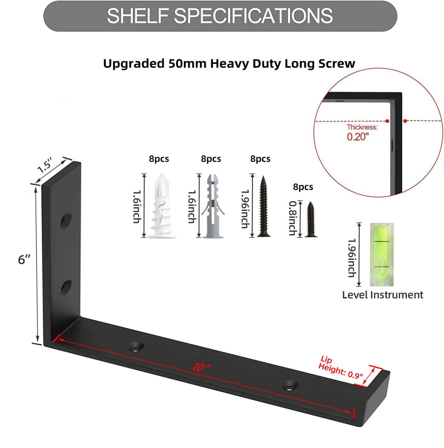 Shelf Bracket, Heavy Duty Floating Shelf Brackets 10-Inch Long, 4-Pack Brackets for Shelves, Black Coated J Shape Metal Wall Shelf Support Brackets with 1/5-Inch Thick and 160 lb. Load Capacity