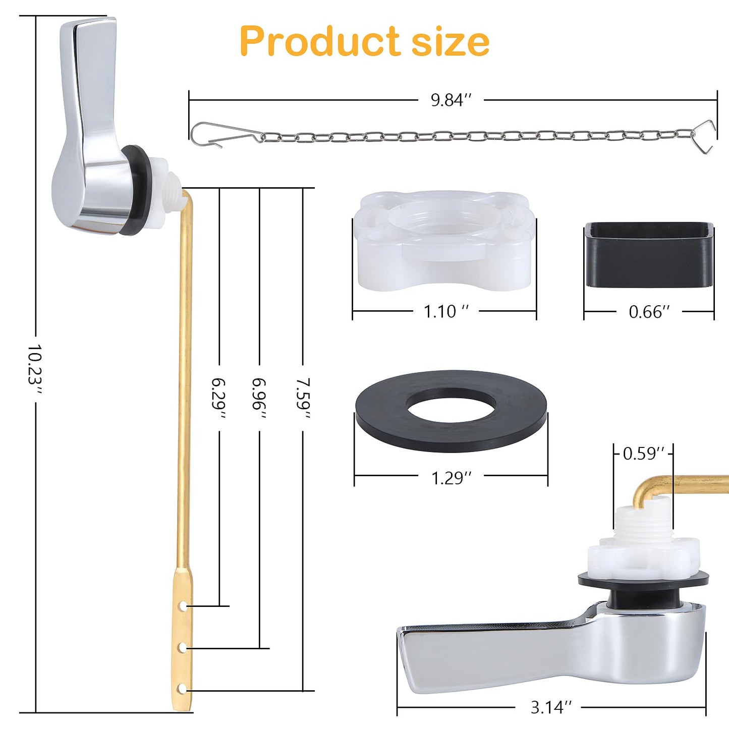 Universal Front Mount Toilet Handle Replacement Kit - Zinc Alloy Handle, Solid Brass Rod with Stainless Steel Chain