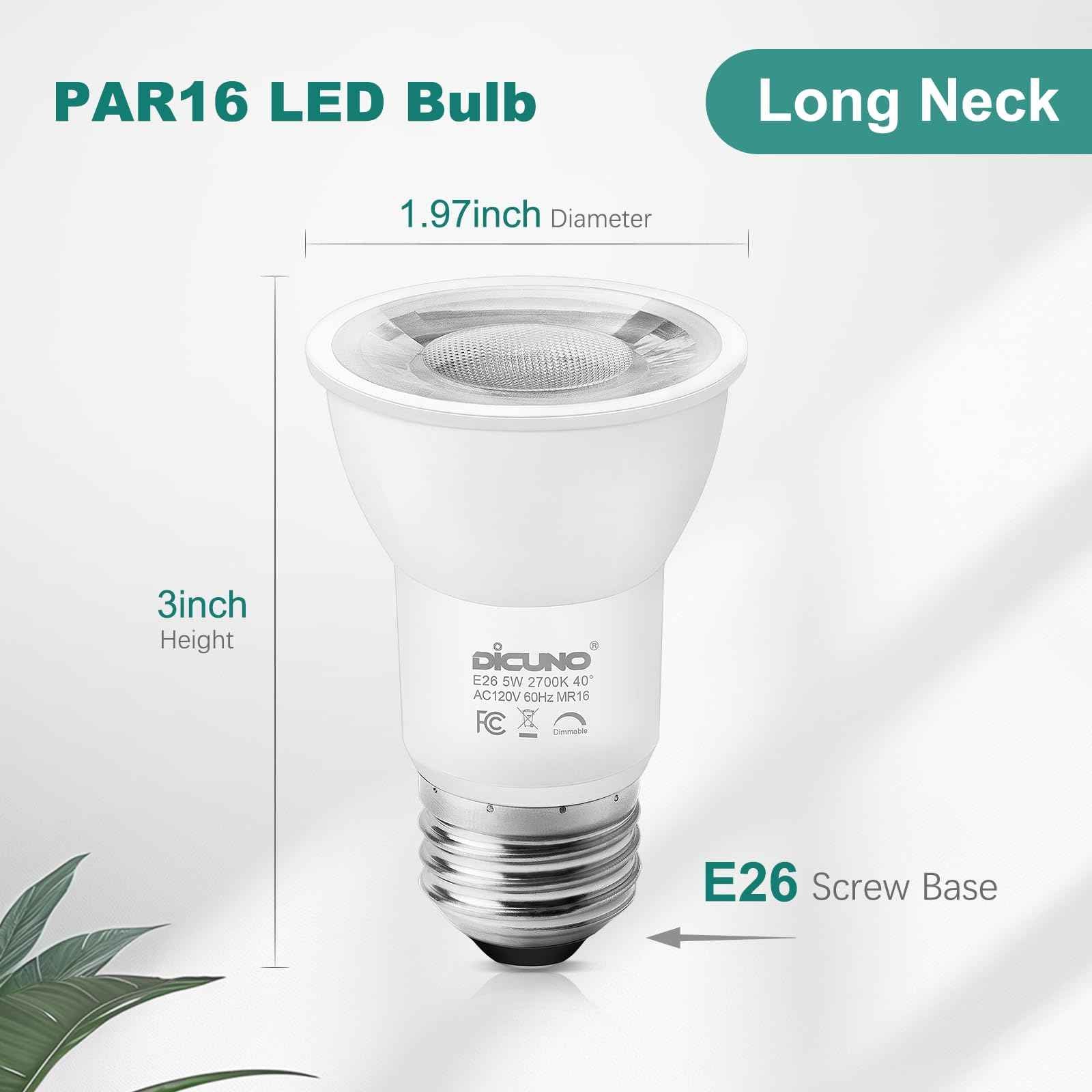 DiCUNO PAR16 LED Bulb Dimmable, 5W Long Neck Spotlight Bulb, 500Lumen, 40° Beam Angle, Warm White 2700K, 50W Equivalent E26 LED for Recessed Light, Curio Cabinet, Pack of 6