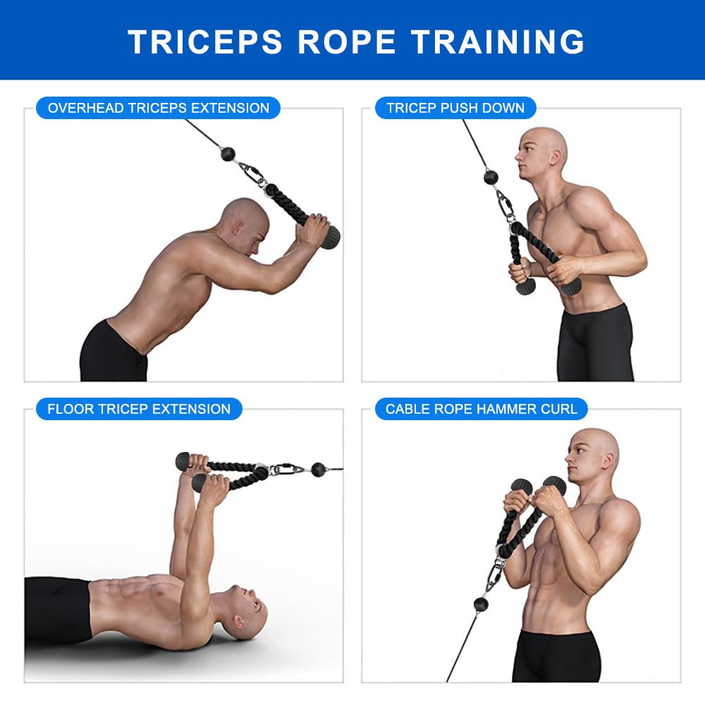 Kipika Set of 2 Tricep Rope, 28 & 36 Inch, Cable Machine Attachments Pulley System Gym Pull Down Rope, Heavy Duty Nylon Rope with Soft Rubber Ends, Black