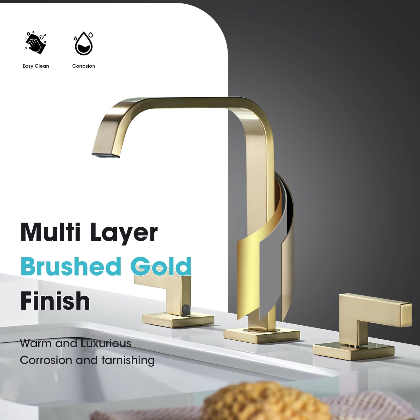 TRUSTMI Brushed Gold Bathroom Faucet 3 Hole 2 Handle 8 Inch Widespread Bathroom Sink Faucet, Brass and Stainless Steel High-Arc Square Swivel Spout