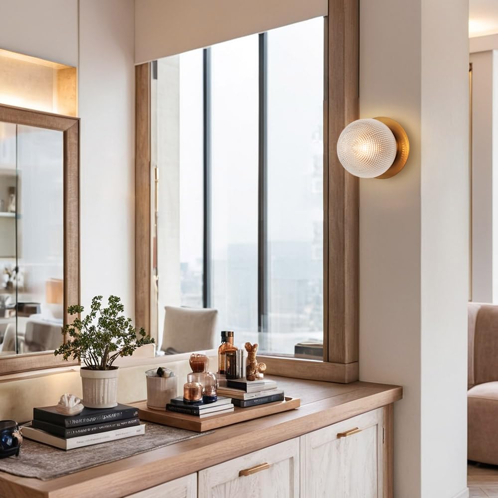 Antique Brass Globe Glass Prismatic Wall Sconce, Elegant Textured 6 Inch Dia Wall Mount Light, Decorative Wall Fixture for Entryway, Hallway, Bedroom, Living Room